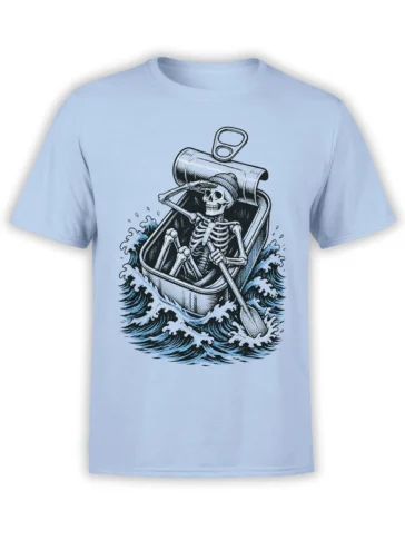 Light blue skeleton rowboat T-shirt with a knit-capped skeleton rowing through crashing ocean waves
