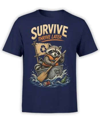 Raccoon recycling graphic on a navy shirt with waves, floating waste, and “SURVIVE THRIVE LATER” text
