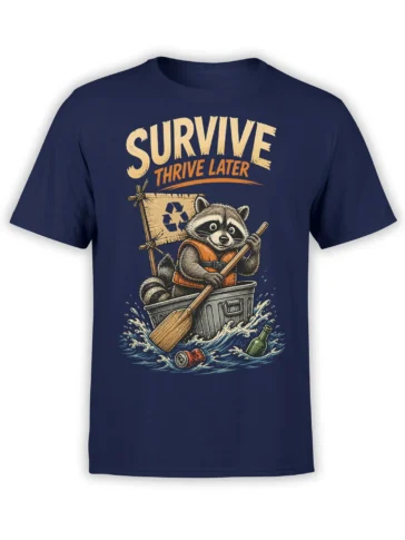 Raccoon recycling graphic on a navy shirt with waves, floating waste, and “SURVIVE THRIVE LATER” text