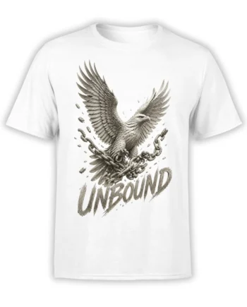White T-shirt with a detailed unbound eagle breaking chains and distressed lettering below
