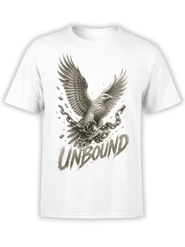 White T-shirt with a detailed unbound eagle breaking chains and distressed lettering below