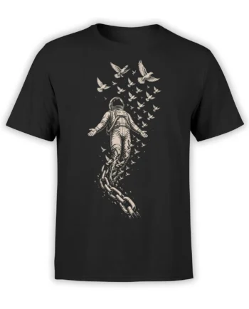 Black astronaut t-shirt with a floating space traveler, flying birds, and a broken chain illustration