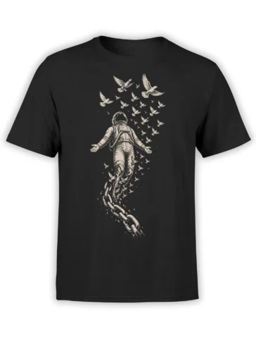 Black astronaut t-shirt with a floating space traveler, flying birds, and a broken chain illustration