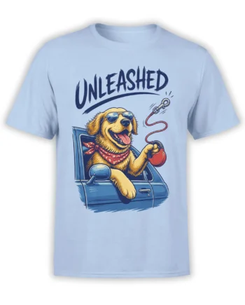Light blue dog T-shirt with a sunglasses-wearing dog in a blue car and bold “UNLEASHED” lettering