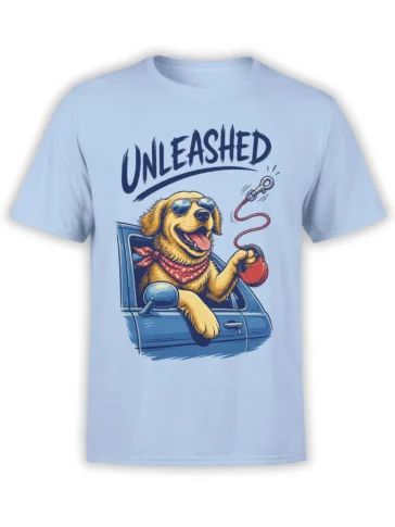Light blue dog T-shirt with a sunglasses-wearing dog in a blue car and bold “UNLEASHED” lettering