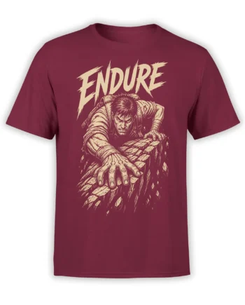 Burgundy T-shirt with a rugged climber reaching across cracked rock beneath bold cream ENDURE lettering