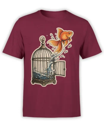 Orange-gold fish escaping an ornate birdcage on a burgundy fish T-shirt with flowing water and bubbles