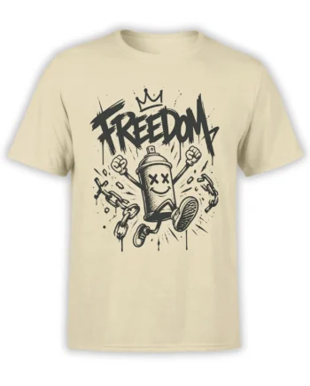 Beige freedom T-shirt with crowned spray can breaking chains beneath bold black FREEDOM lettering