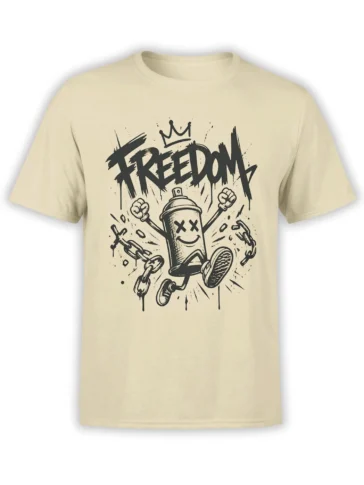 Beige freedom T-shirt with crowned spray can breaking chains beneath bold black FREEDOM lettering
