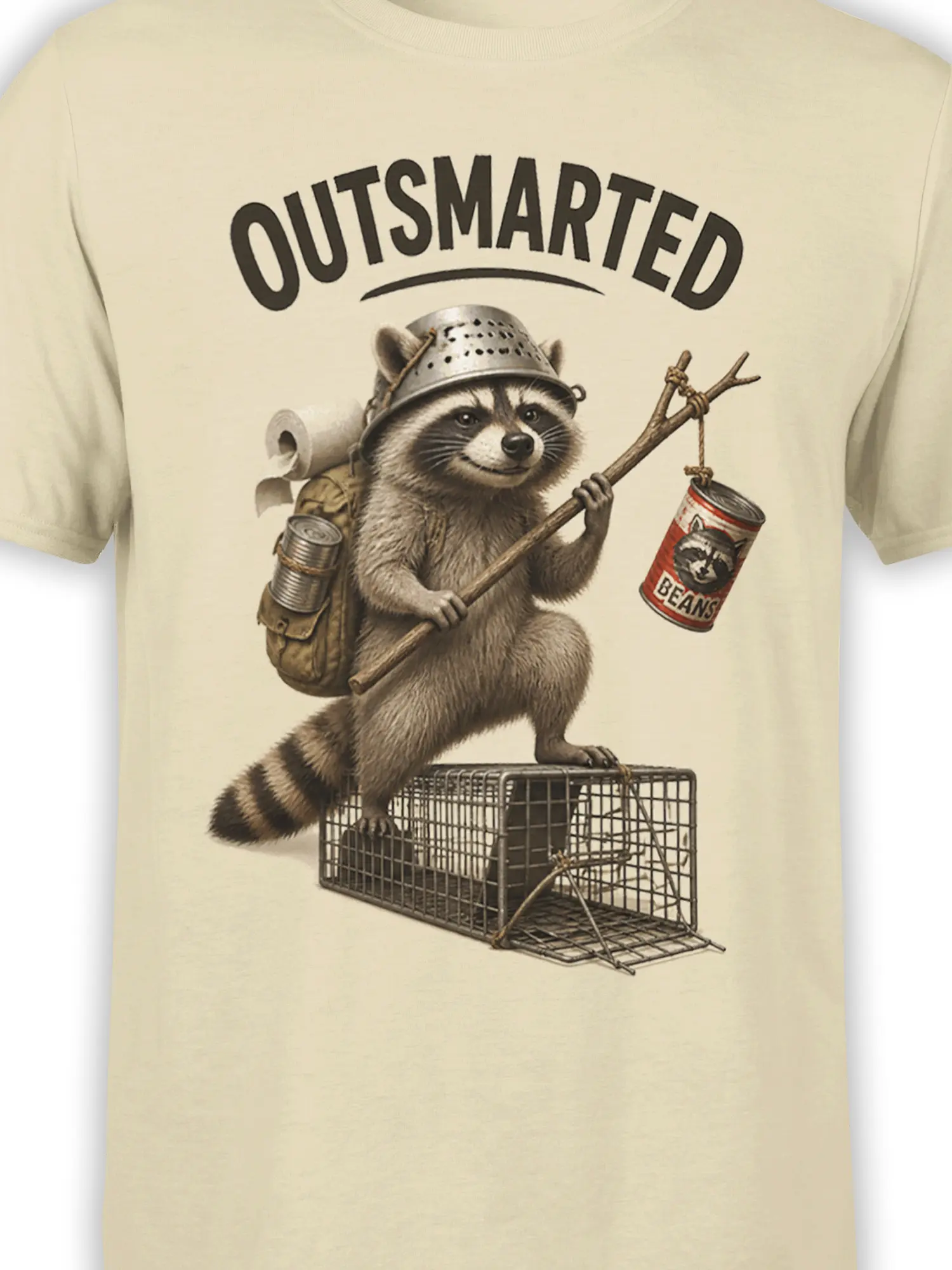 Close-up of the outsmarted raccoon design with helmet, backpack, walking stick, bean can, and bold text