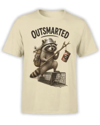 Beige T-shirt with an “OUTSMARTED” raccoon escaping an open wire trap with a backpack and bean can