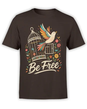 Colorful white bird escaping a decorative cage with flowers and “Be Free” lettering on a dark brown T-shirt