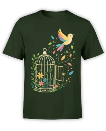 Colorful bird flying from an ornate flower-filled cage on a green graphic T-shirt