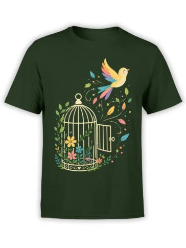 Colorful bird flying from an ornate flower-filled cage on a green graphic T-shirt