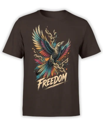 Brown T-shirt with colorful spread-winged raven, chains, and bold FREEDOM lettering