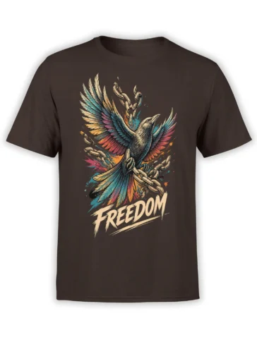 Brown T-shirt with colorful spread-winged raven, chains, and bold FREEDOM lettering
