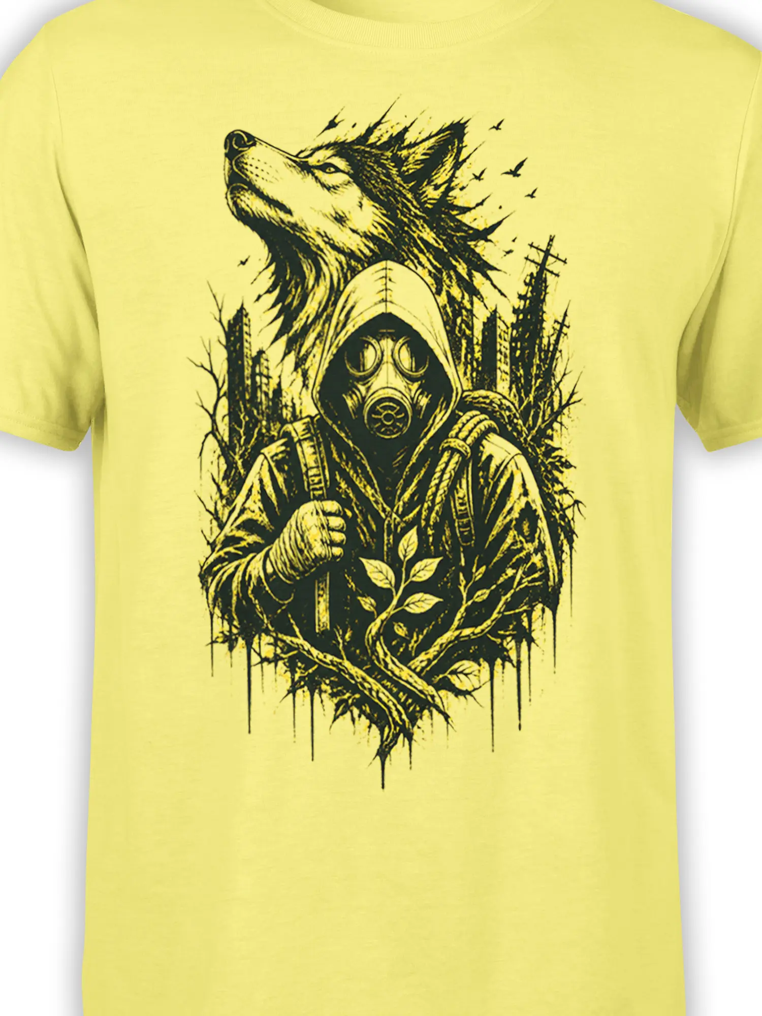 Close-up of the yellow shirt graphic showing a wolf head, gas mask, hood, forest, and detailed black ink shading