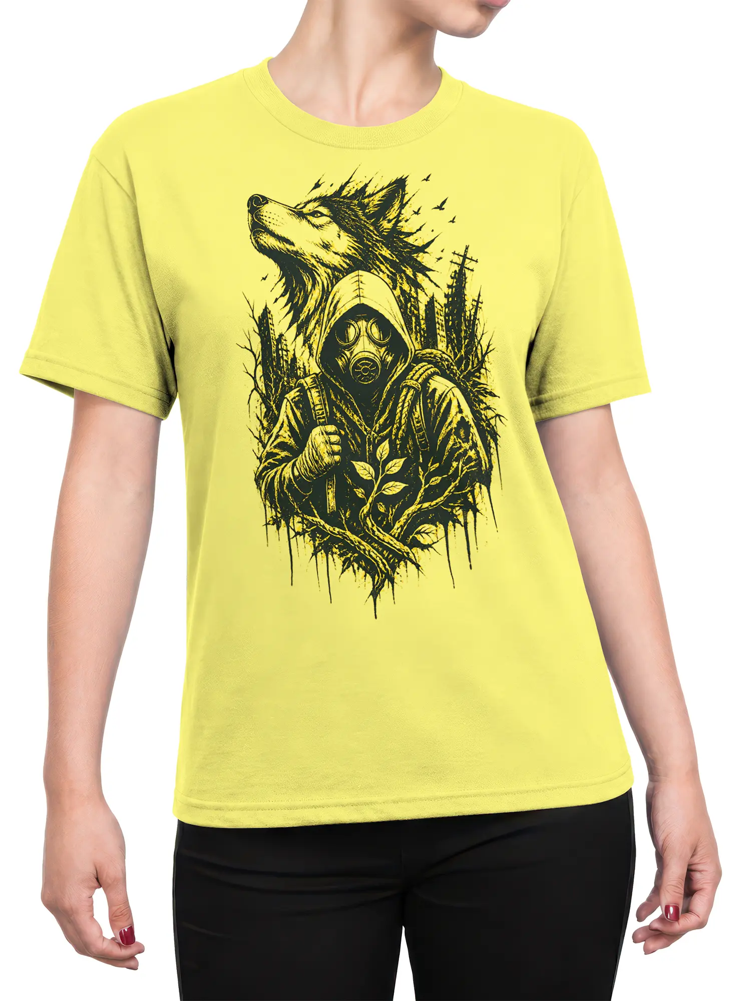 Female torso wearing a yellow wolf T-shirt with a hooded gas mask traveler and dark forest graphic