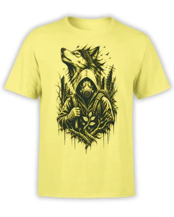 Yellow wolf T-shirt with a hooded gas mask traveler, forest branches, and birds in a detailed black ink design