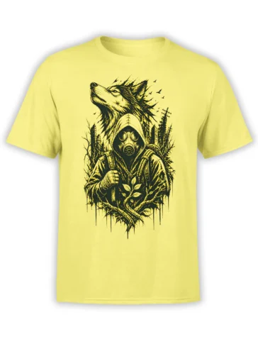 Yellow wolf T-shirt with a hooded gas mask traveler, forest branches, and birds in a detailed black ink design