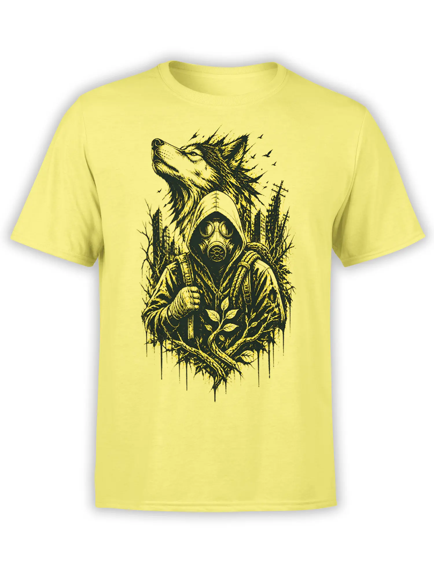Yellow wolf T-shirt with a hooded gas mask traveler, forest branches, and birds in a detailed black ink design