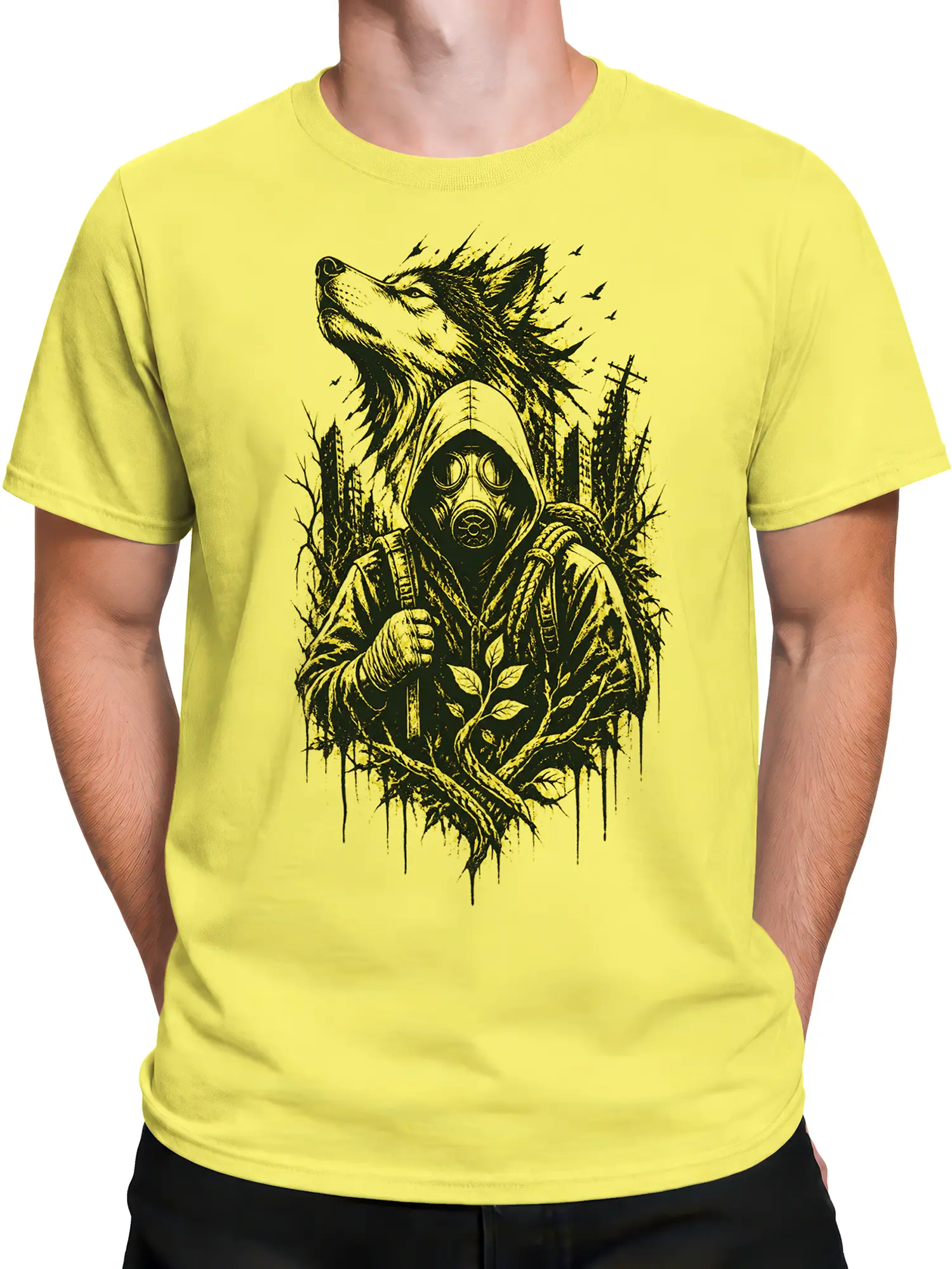 Male torso wearing a yellow wolf T-shirt with a hooded traveler, birds, and forest illustration