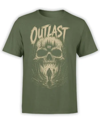 Olive green skull t-shirt with distressed cream forest scene, lone hiker, watchtower, and survival-style lettering