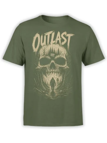 Olive green skull t-shirt with distressed cream forest scene, lone hiker, watchtower, and survival-style lettering