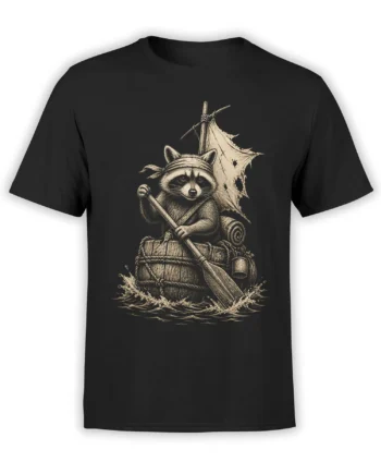Black T-shirt featuring a vintage raccoon explorer on a wooden raft with a paddle and patched sail