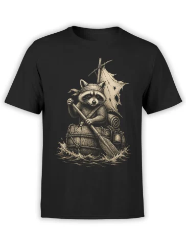 Black T-shirt featuring a vintage raccoon explorer on a wooden raft with a paddle and patched sail