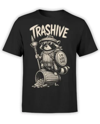 Black raccoon warrior T-shirt with sunglasses, spear, shield, and vintage “TRASHIVE” artwork