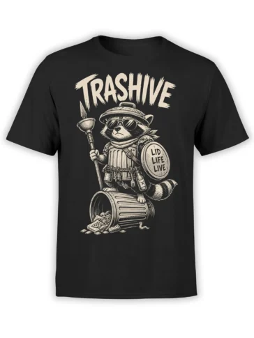 Black raccoon warrior T-shirt with sunglasses, spear, shield, and vintage “TRASHIVE” artwork