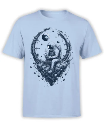 Light blue astronaut t-shirt with a seated space gardener holding a small sprout among planets and floating rocks