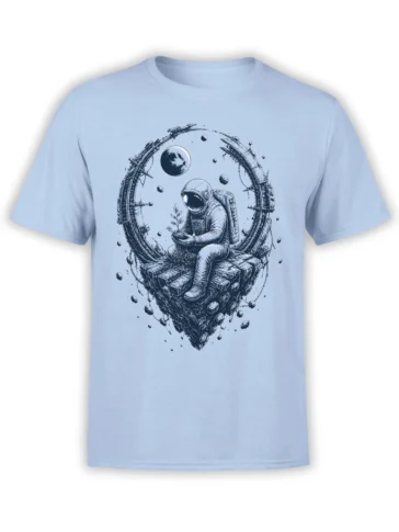 Light blue astronaut t-shirt with a seated space gardener holding a small sprout among planets and floating rocks