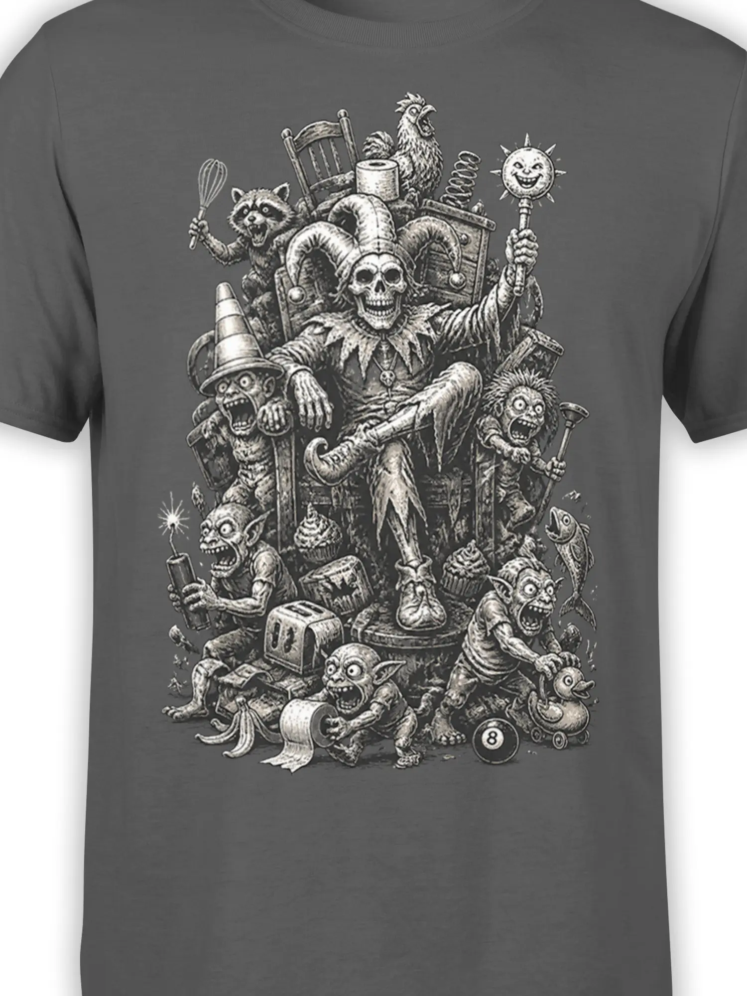 Close-up of skeleton king and goblin throne artwork on a dark gray fantasy T-shirt