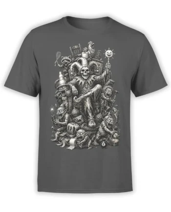Dark gray fantasy T-shirt with a skeleton king, goblins, and strange creatures in a detailed throne scene