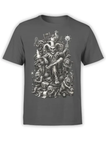 Dark gray fantasy T-shirt with a skeleton king, goblins, and strange creatures in a detailed throne scene