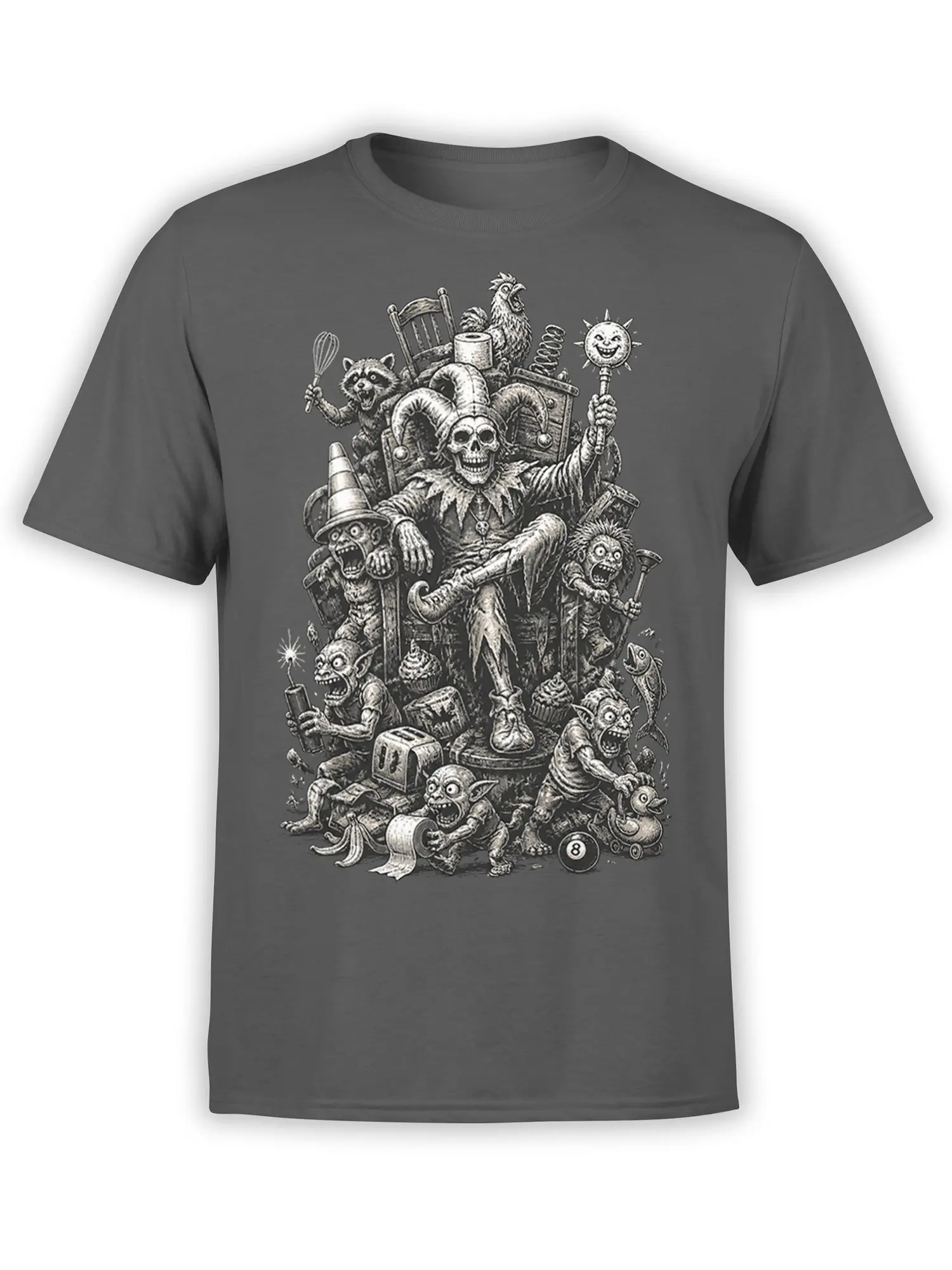 Dark gray fantasy T-shirt with a skeleton king, goblins, and strange creatures in a detailed throne scene