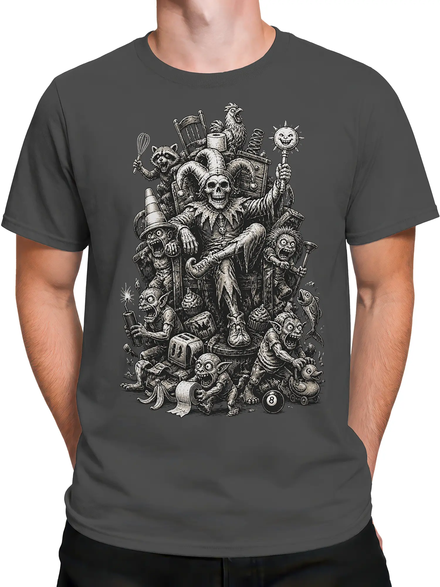 Male torso wearing a dark gray goblin throne T-shirt with skeleton king artwork