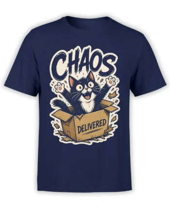 Delivered Chaos black cat bursting from a cardboard box on a navy graphic T-shirt