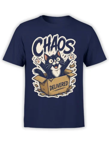 Delivered Chaos black cat bursting from a cardboard box on a navy graphic T-shirt