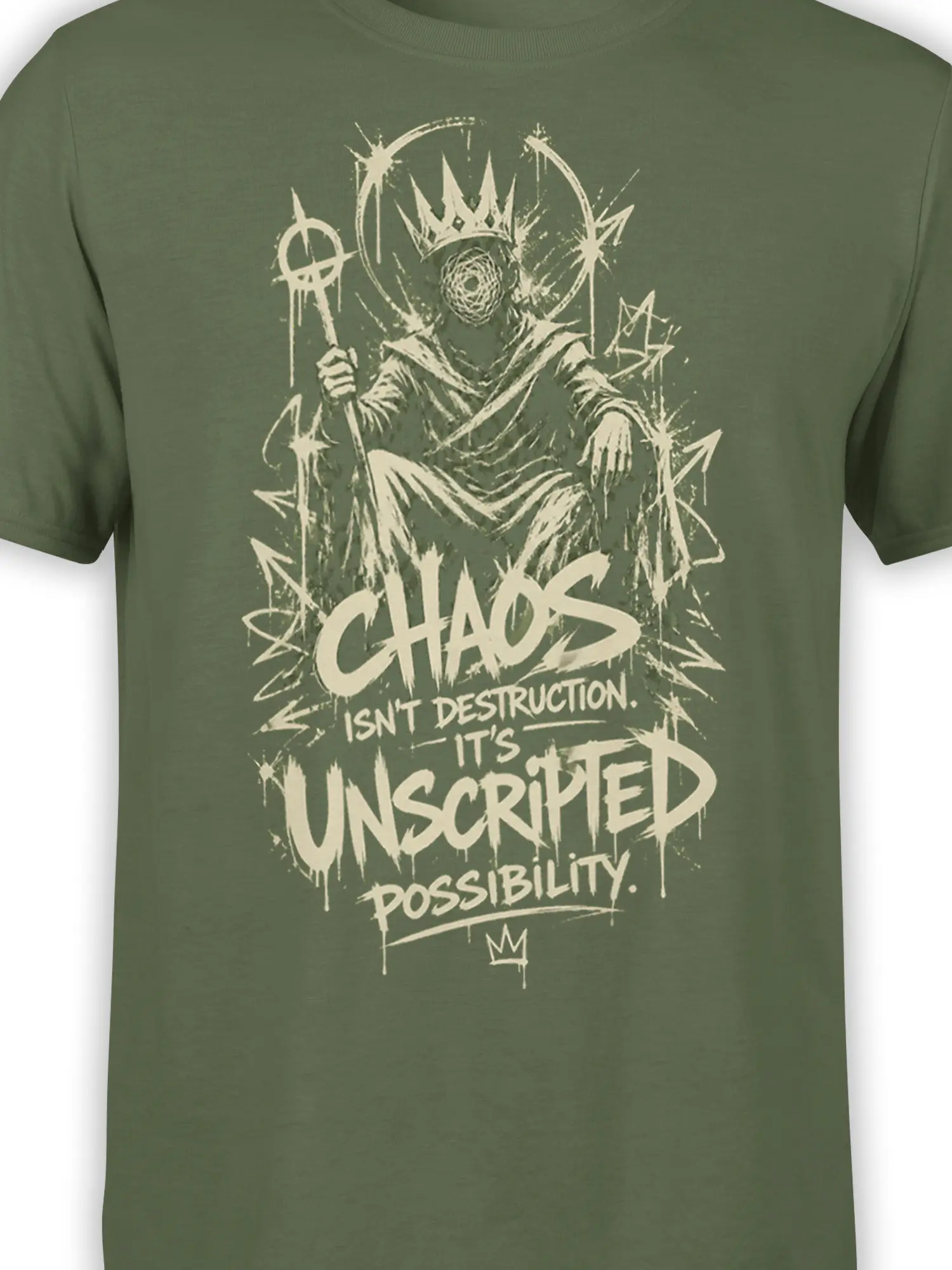 Close-up of crowned hooded figure and mystical cream artwork on an olive green fantasy graphic T-shirt