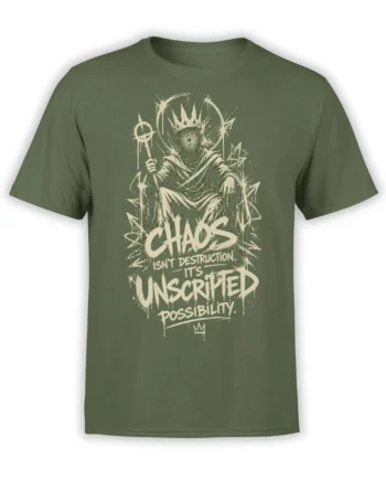 Olive green fantasy T-shirt with crowned hooded figure, mystical symbols, and bold Unscripted Possibility lettering