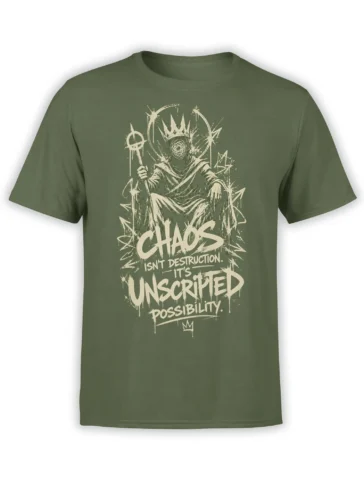 Olive green fantasy T-shirt with crowned hooded figure, mystical symbols, and bold Unscripted Possibility lettering