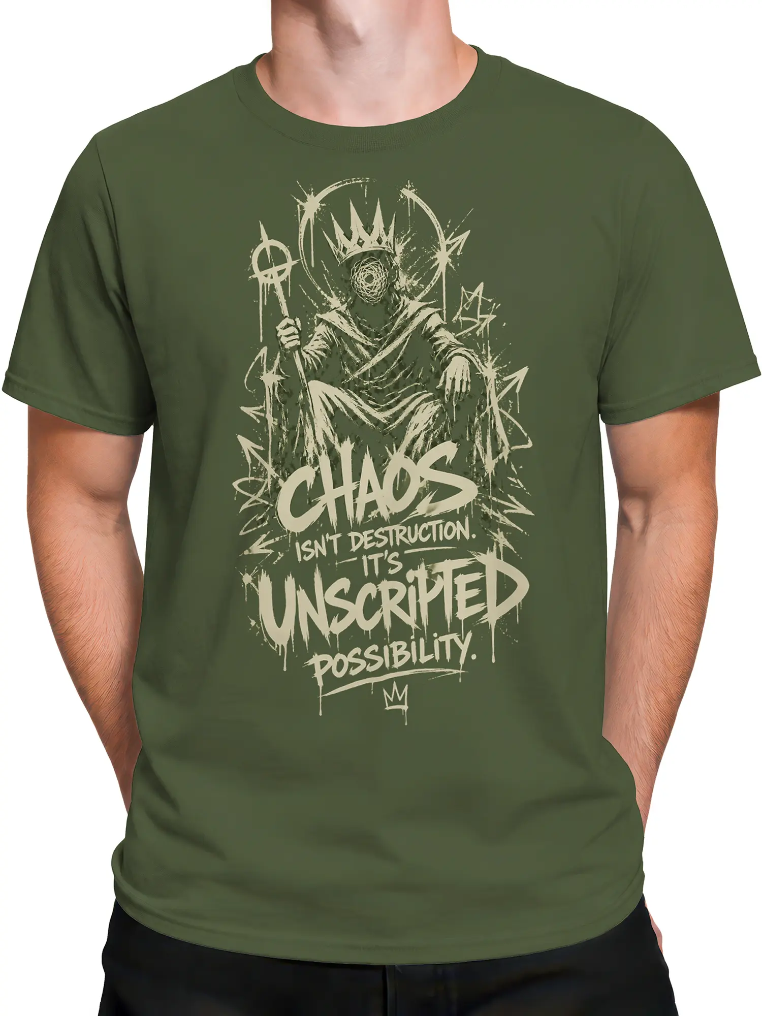 Male torso wearing an olive green fantasy T-shirt with hooded crowned figure and unscripted chaos design