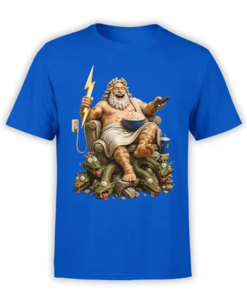 Blue T-shirt featuring a laughing bearded thunder god with lightning, popcorn, remote, and dragons