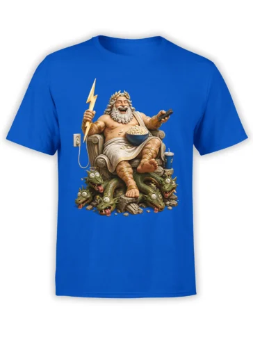 Blue T-shirt featuring a laughing bearded thunder god with lightning, popcorn, remote, and dragons
