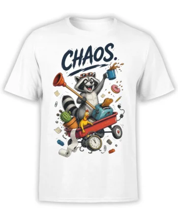 White T-shirt with colorful chaotic raccoon riding a red wagon beneath bold CHAOS lettering
