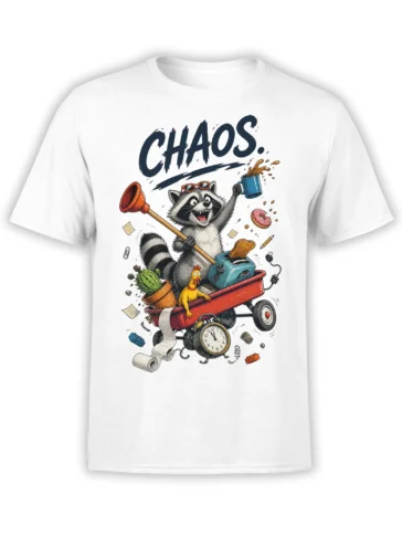 White T-shirt with colorful chaotic raccoon riding a red wagon beneath bold CHAOS lettering