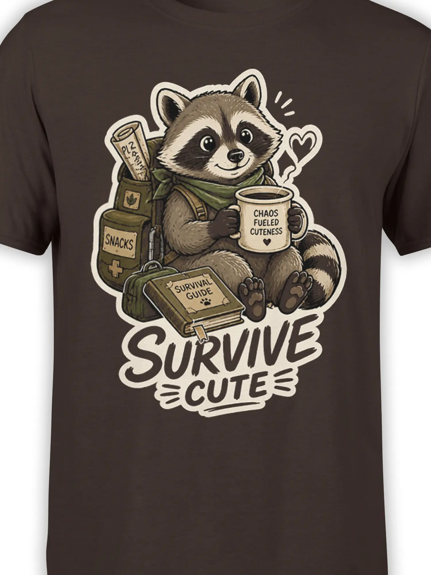 Close-up of the raccoon graphic on a brown shirt with coffee, snacks, a survival guide, and playful lettering